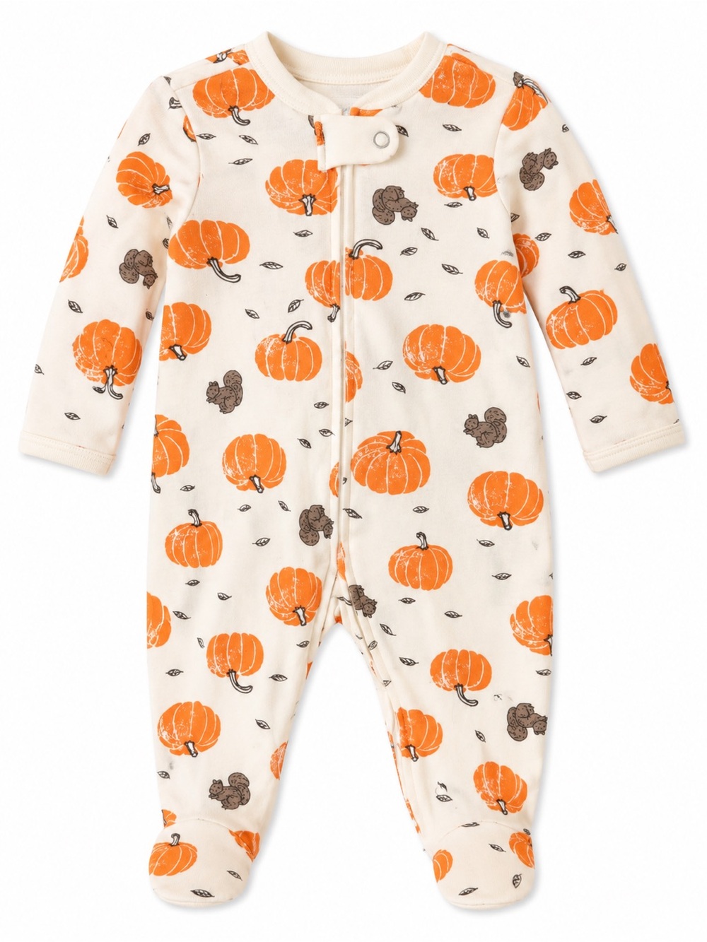 Cream Pumpkin-Print Zip Footed One-Piece for Kids unisex